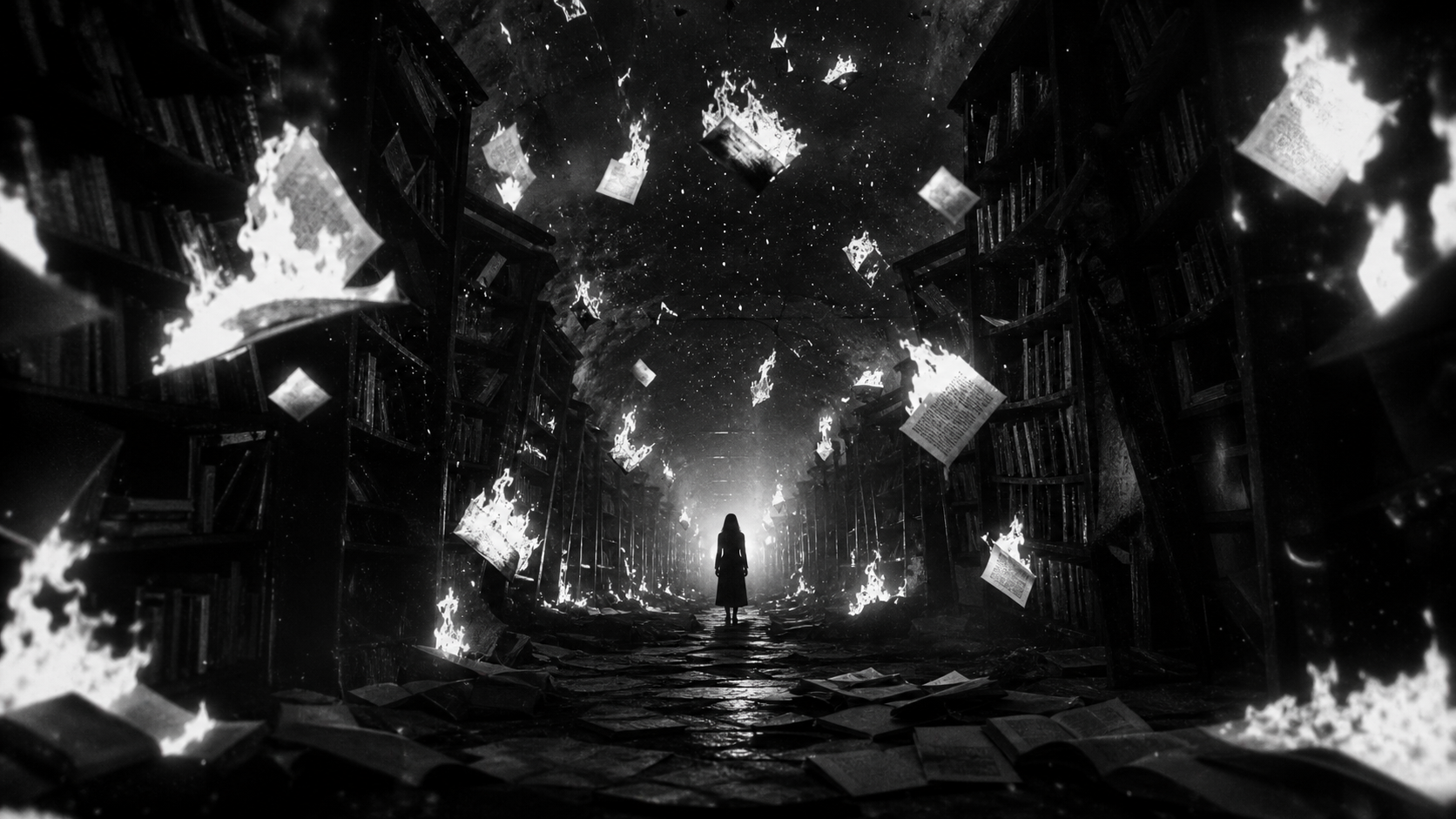 A woman standing in a burning archive as pages drift through the air
