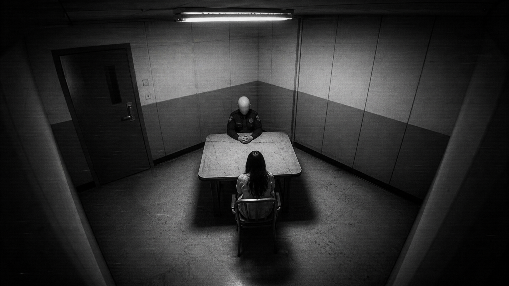 A stark interrogation room with a lone seated figure