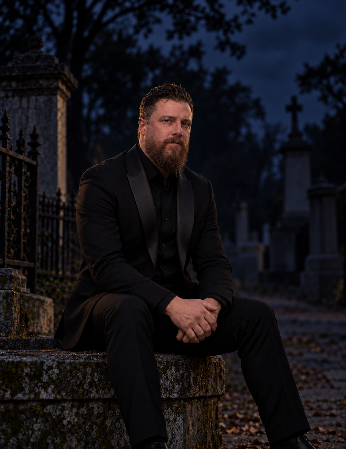 Author Michael Gomez seated in a cemetery at blue hour