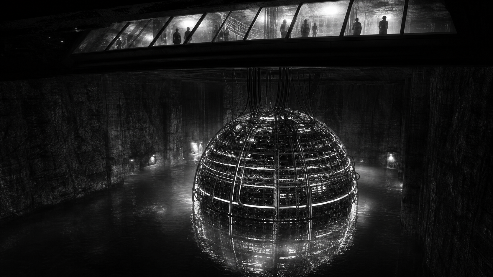 An immense mechanical sphere suspended in a flooded underground chamber