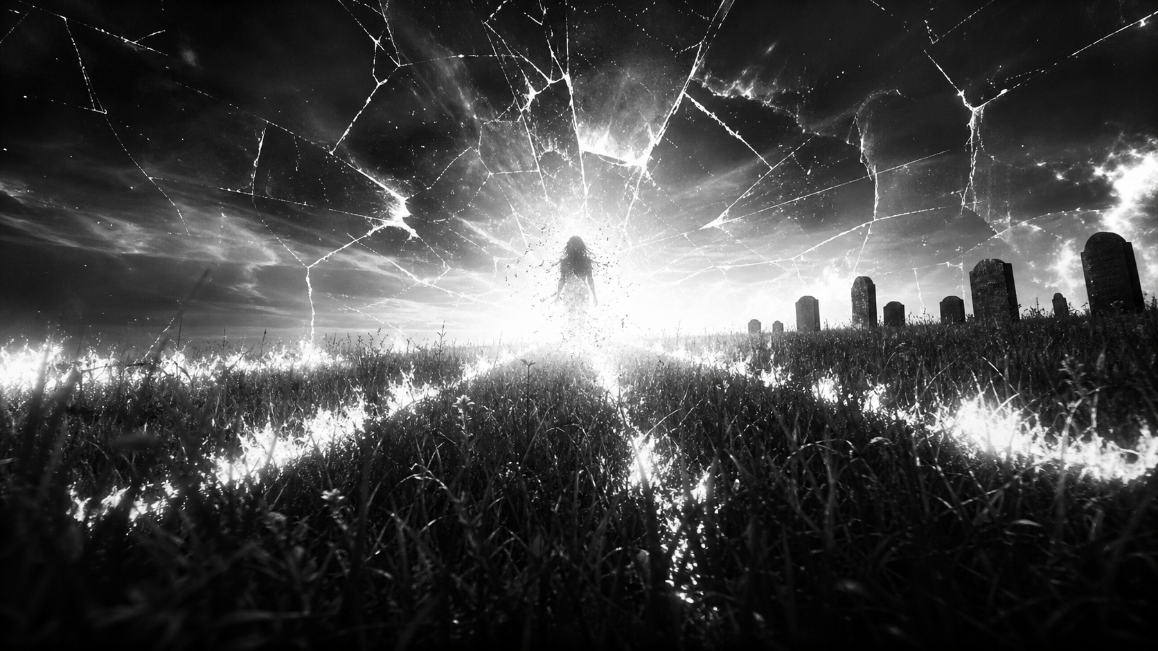A fractured cemetery landscape surrounding a distant figure